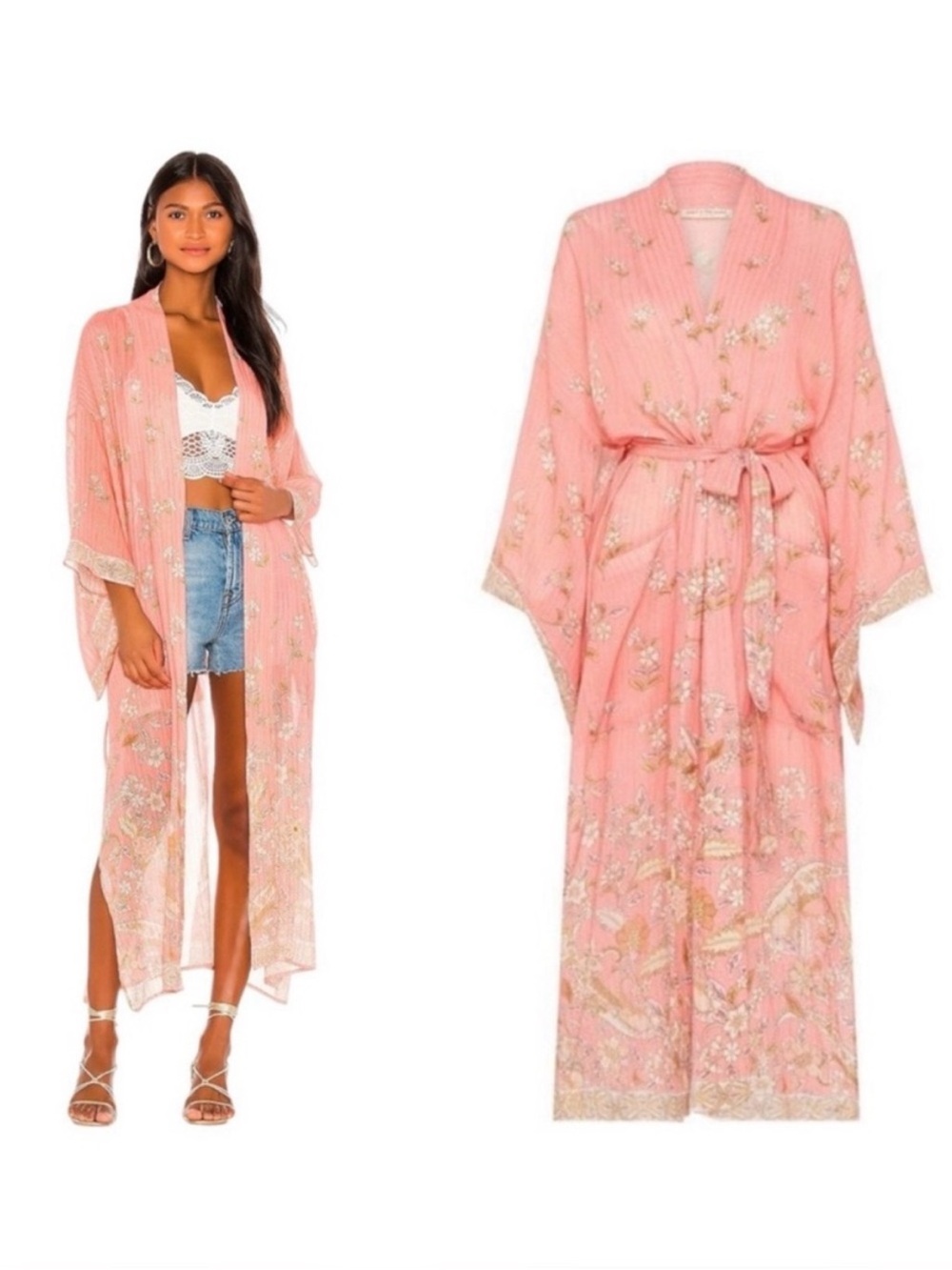 SPELL & THE GYPSY Hendrix Blush Pink Gold Floral Duster Kimono Tunic Robe